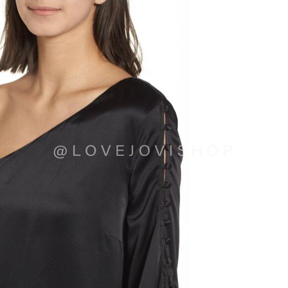 NYE Glam | Parker Black Silk One Shoulder Bell Sleeve Top | Elegant Party Flowy - Picture 5 of 16